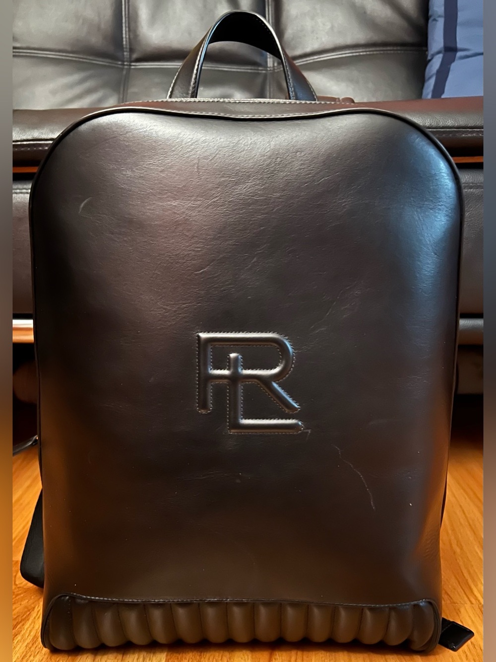 Ralph Lauren Black Embossed RL Leather Backpack